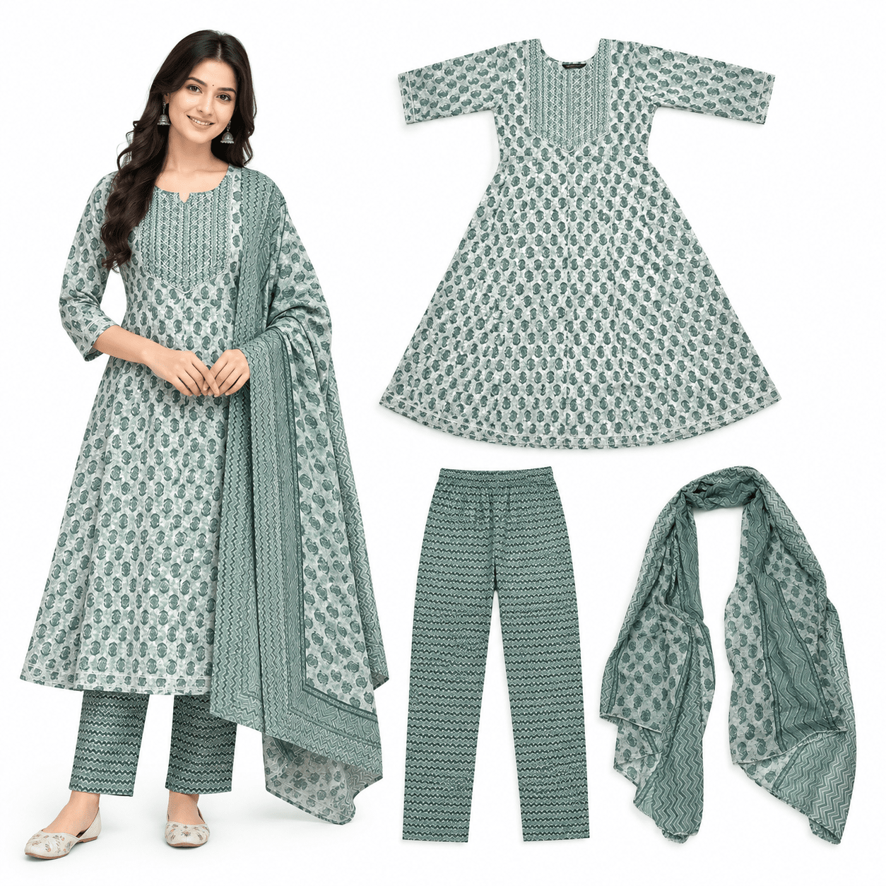 Women’s Green Floral Printed Kurta Pant Dupatta Set