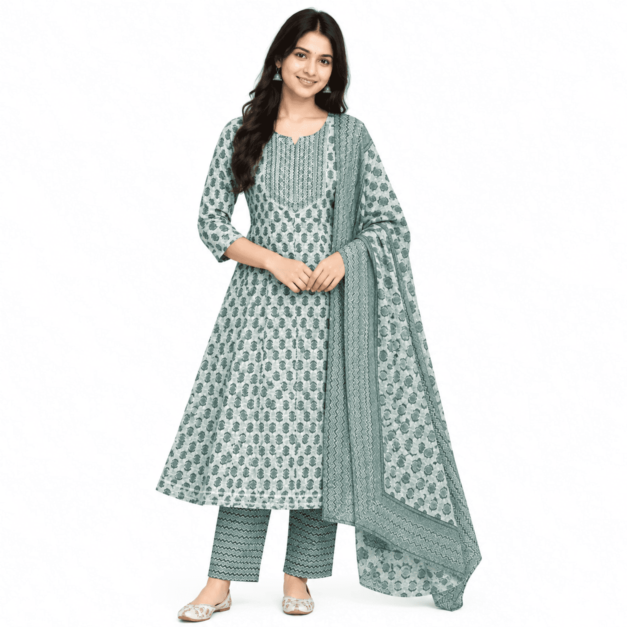 Women’s Green Floral Printed Kurta Pant Dupatta Set