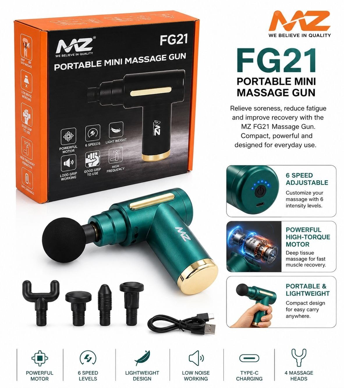 MZ FG21 Mini Massage Gun – 6 Speed