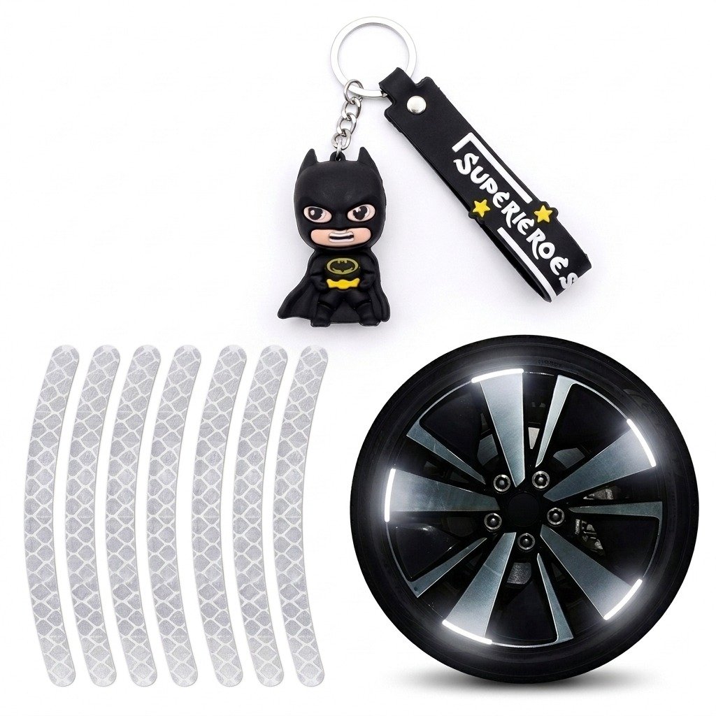 Reflective Rim Strips + Cute Character Keychain Combo | 20 Pcs Rim Stickers